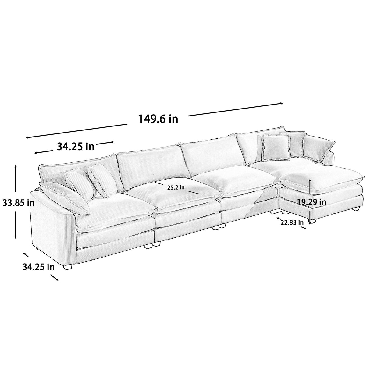 Oversized Modular Cushion Sofa With Ottoman, Low Back, Deep Seating Sofa Set
