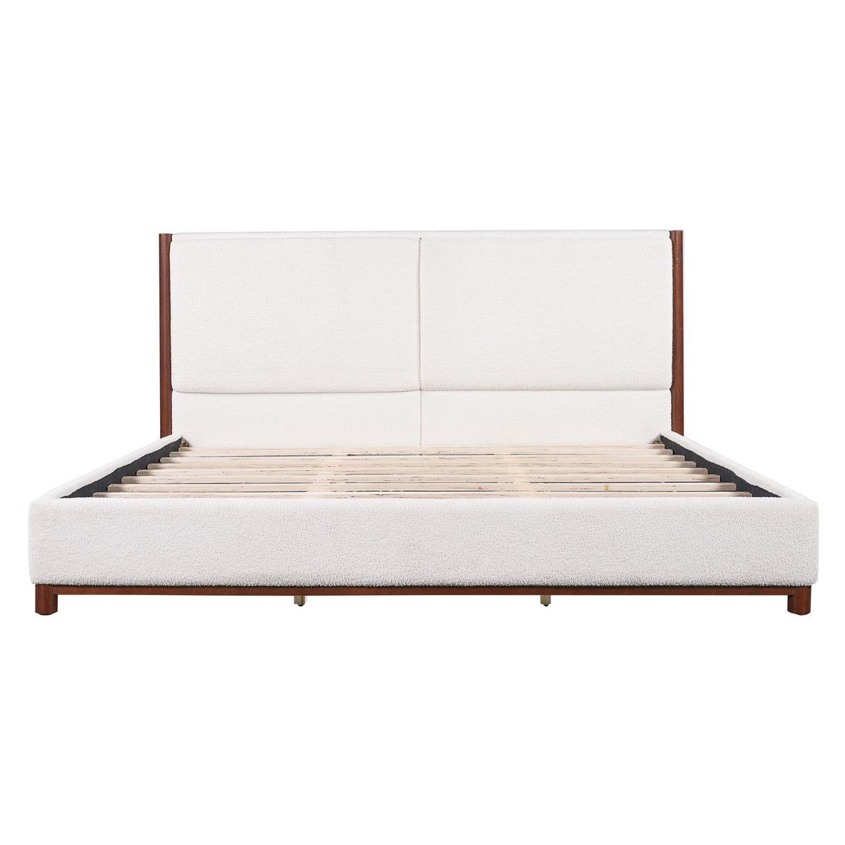 King Upholstered Bed Frame, No Box Spring Needed - Walnut / White