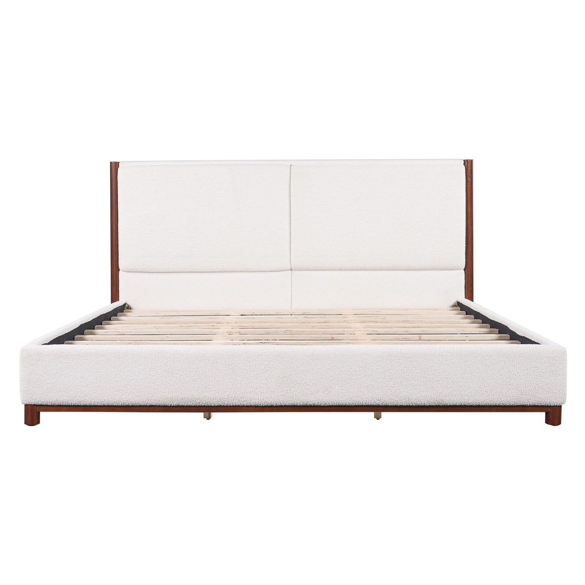 King Upholstered Bed Frame, No Box Spring Needed - Walnut / White