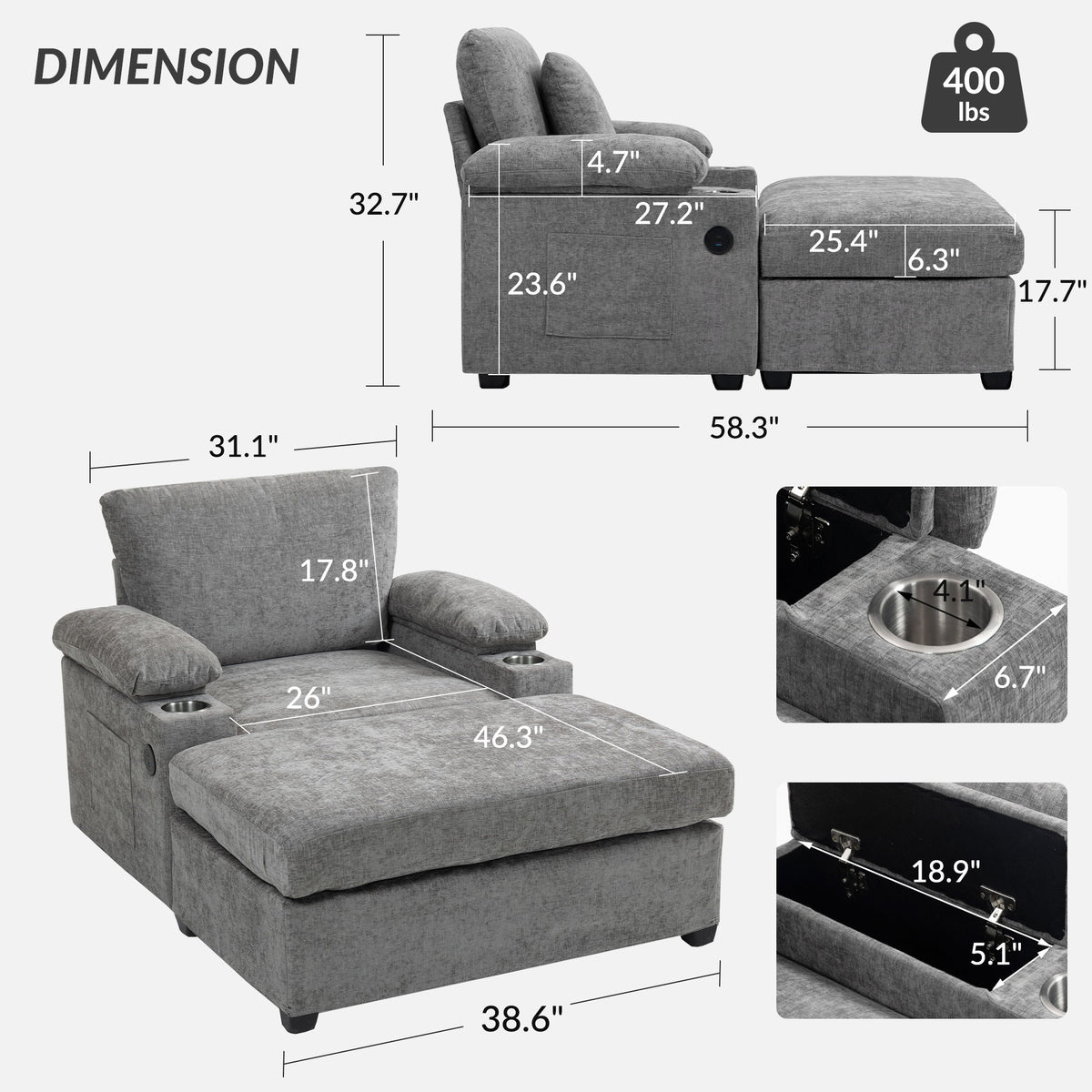 Modern Oversized Chair With Ottoman, Chenille Fabric Sofa Bed, Accent Chair Comfy Sofa With Cupholders And USB Charging Ports Chair For Living Room - Gray