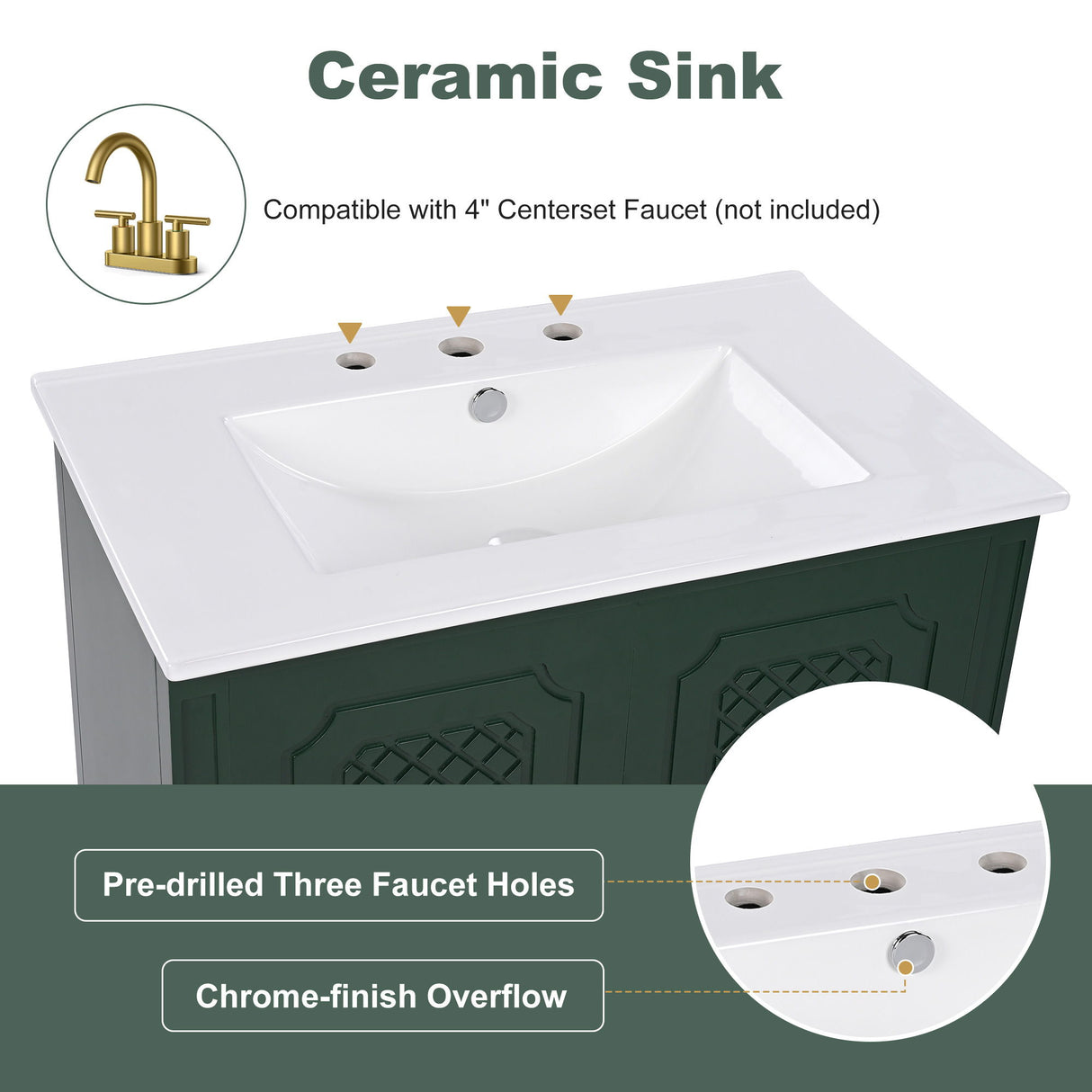 30" Bathroom Vanity With Sink, Soft Closing Door, Multi Functional Storage - Green