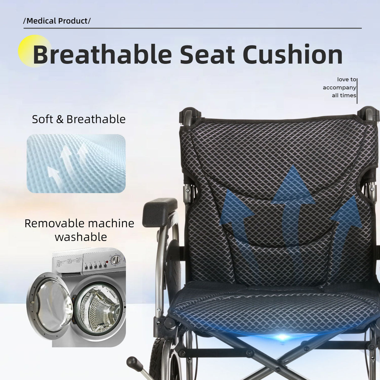 Lightweight Foldable Transport Wheelchair For Adults, Square Tube Design