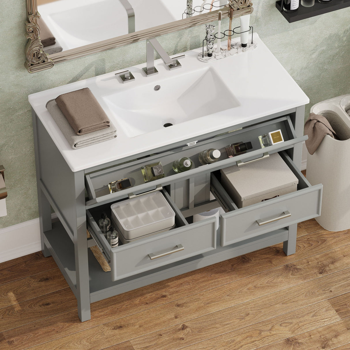 Bathroom Vanity With Sink, Tip Out Tray & 2 Full Extension Drawers - Gray