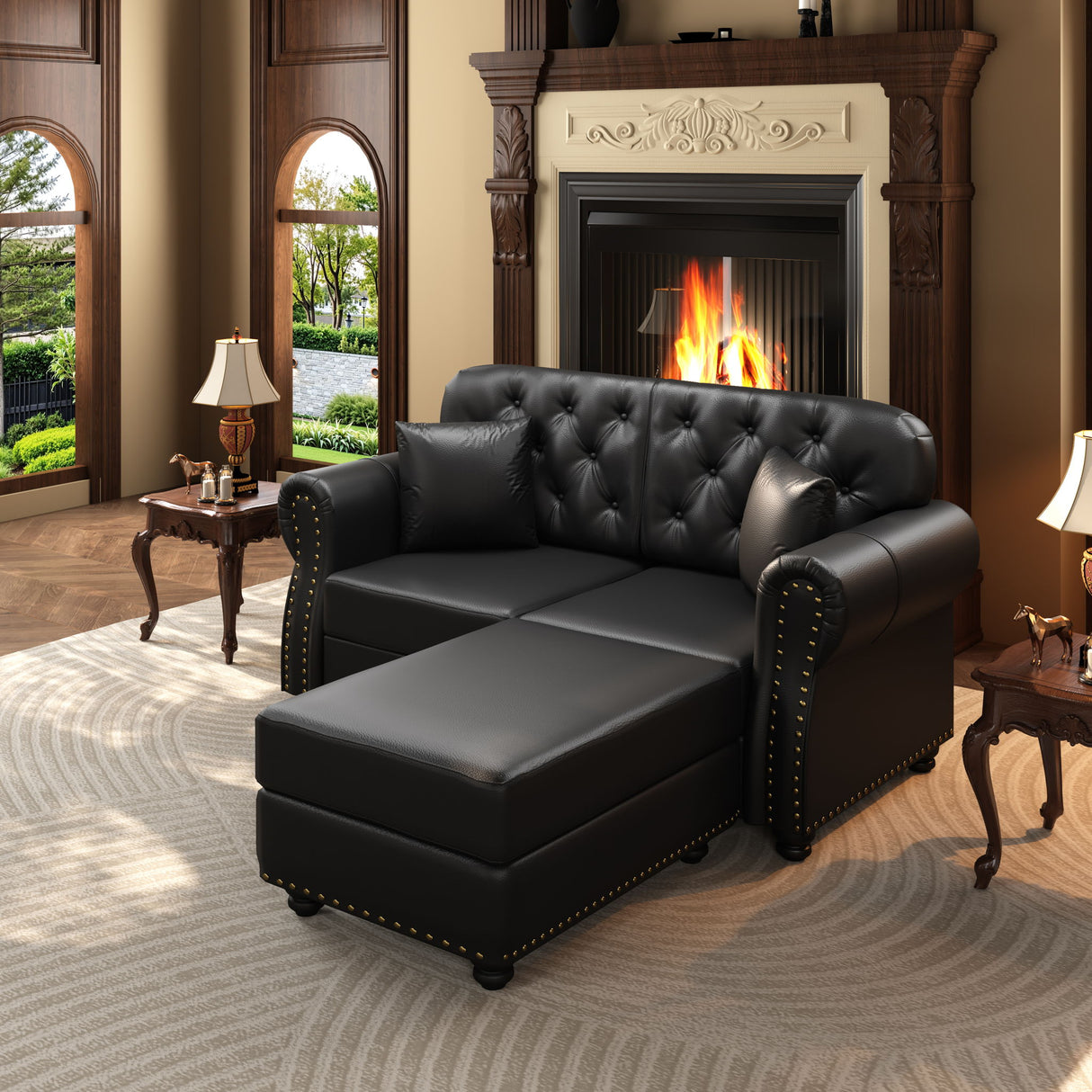 Upholstered Sofa With Nailhead Trim, Rolled Armrests With Ottoman