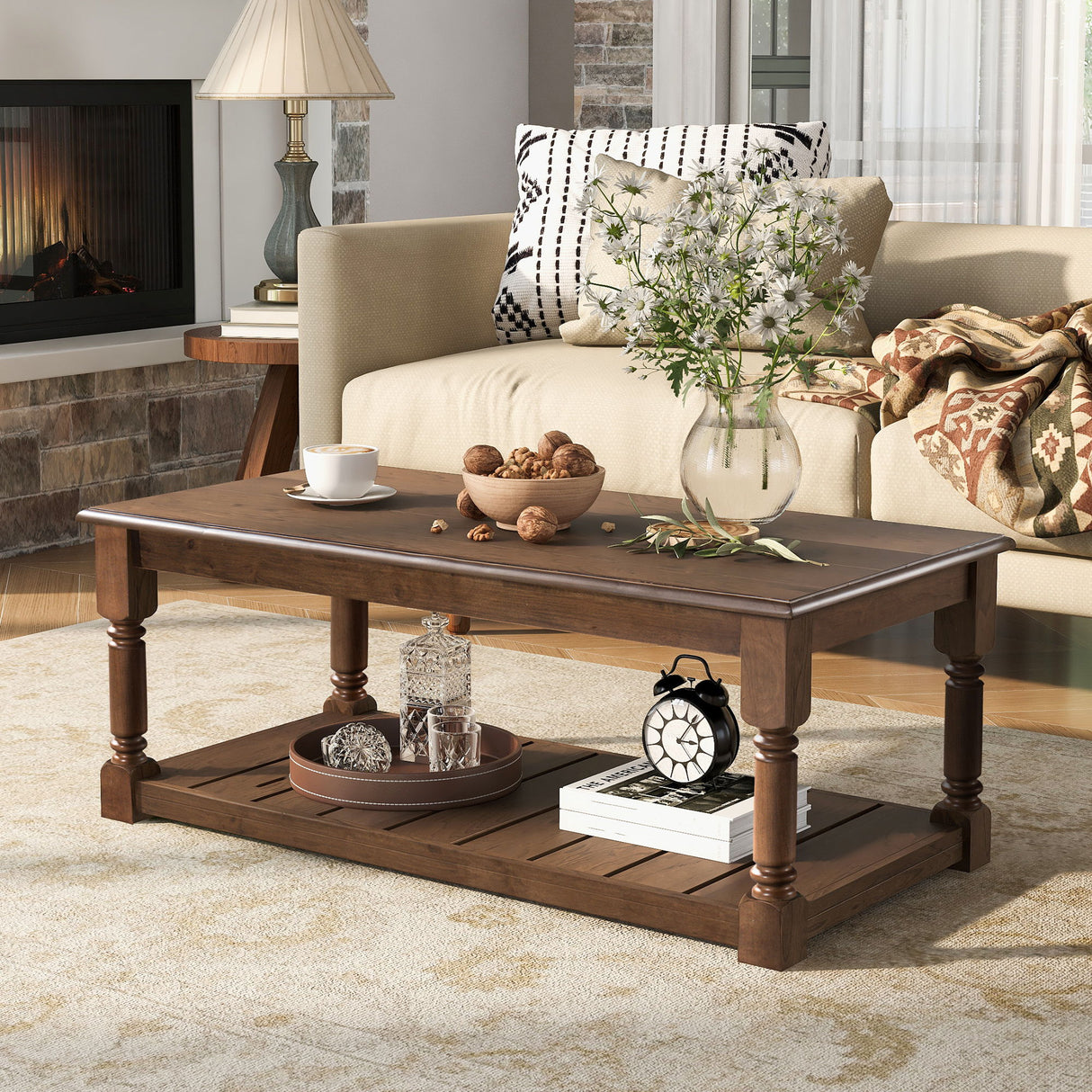Coffee Table With Slatted Lower Shelf For Living Room