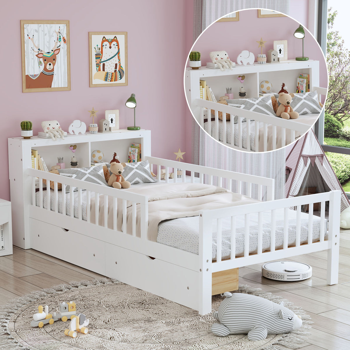 Bed With Headboard Storage Rack, 2 Under Bed Drawers, 3 Side Guardrails For Safety