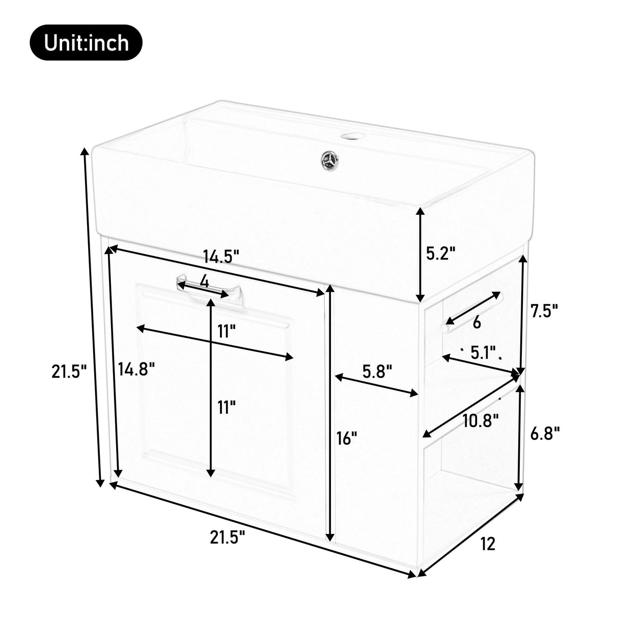 Modern Wall Mounted Bathroom Vanity With Sink, Soft Close Drawer, Adjustable Shelf, Toilet Paper Holder