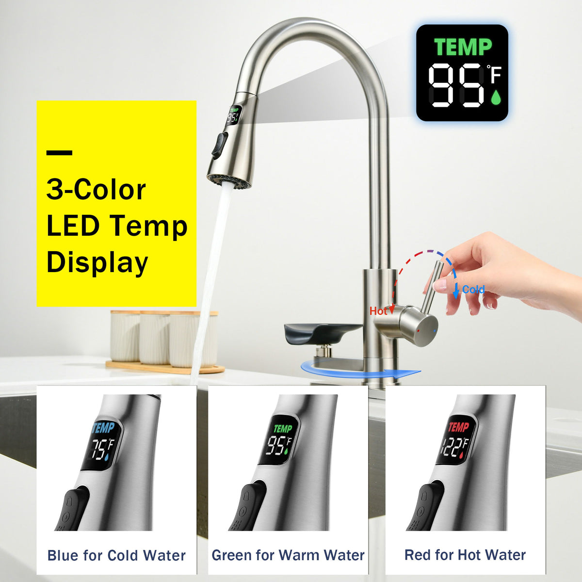 3 In 1 Kitchen Faucet With LED Temperature Display, Pull Down Sprayer