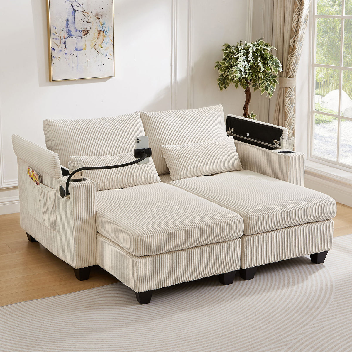 Convertible Chaise Lounge Sofa Chair With USB Ports, Cup Holders, Phone Holder And Storage