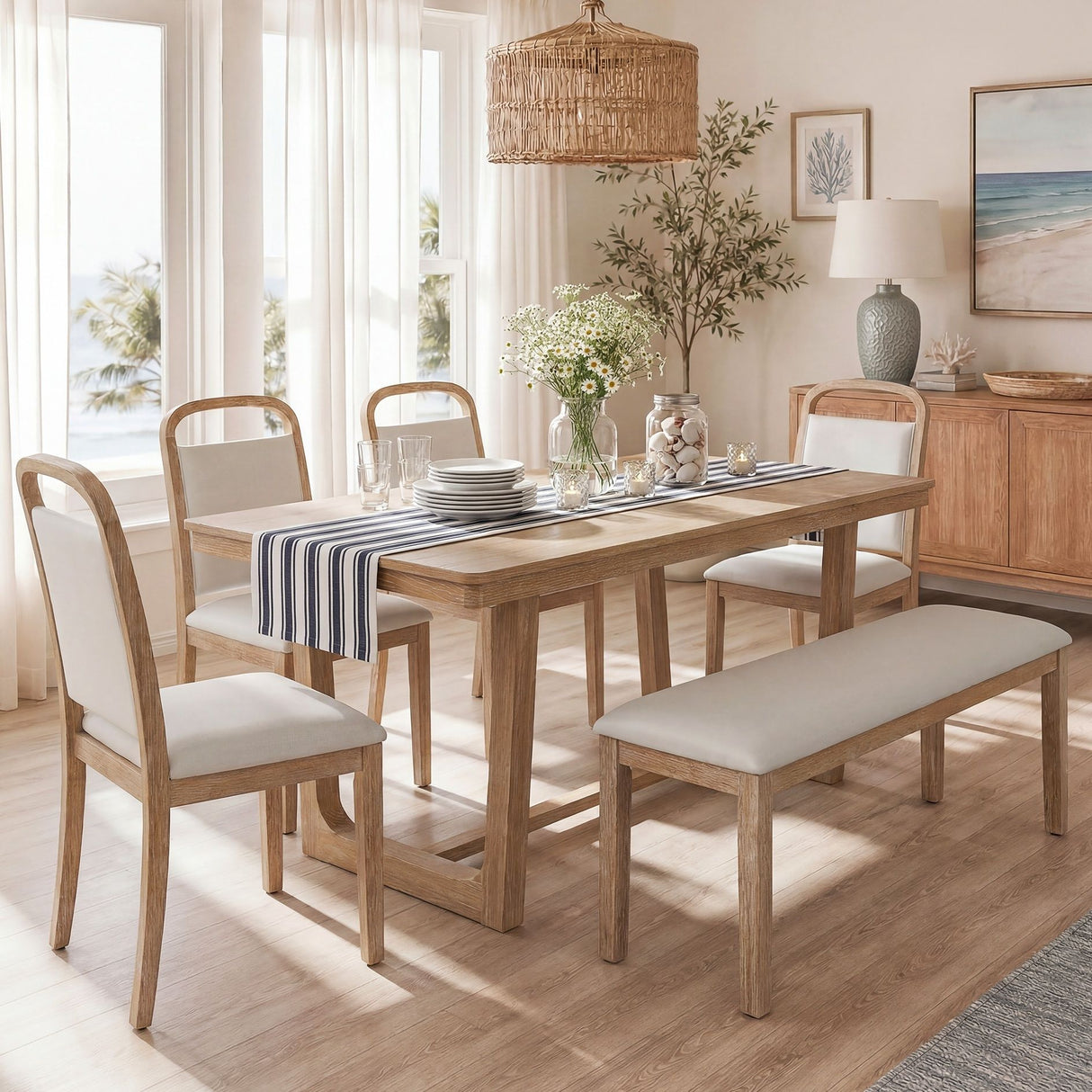 Farmhouse Dining Set With 4 Upholstered Chairs & 1 Bench