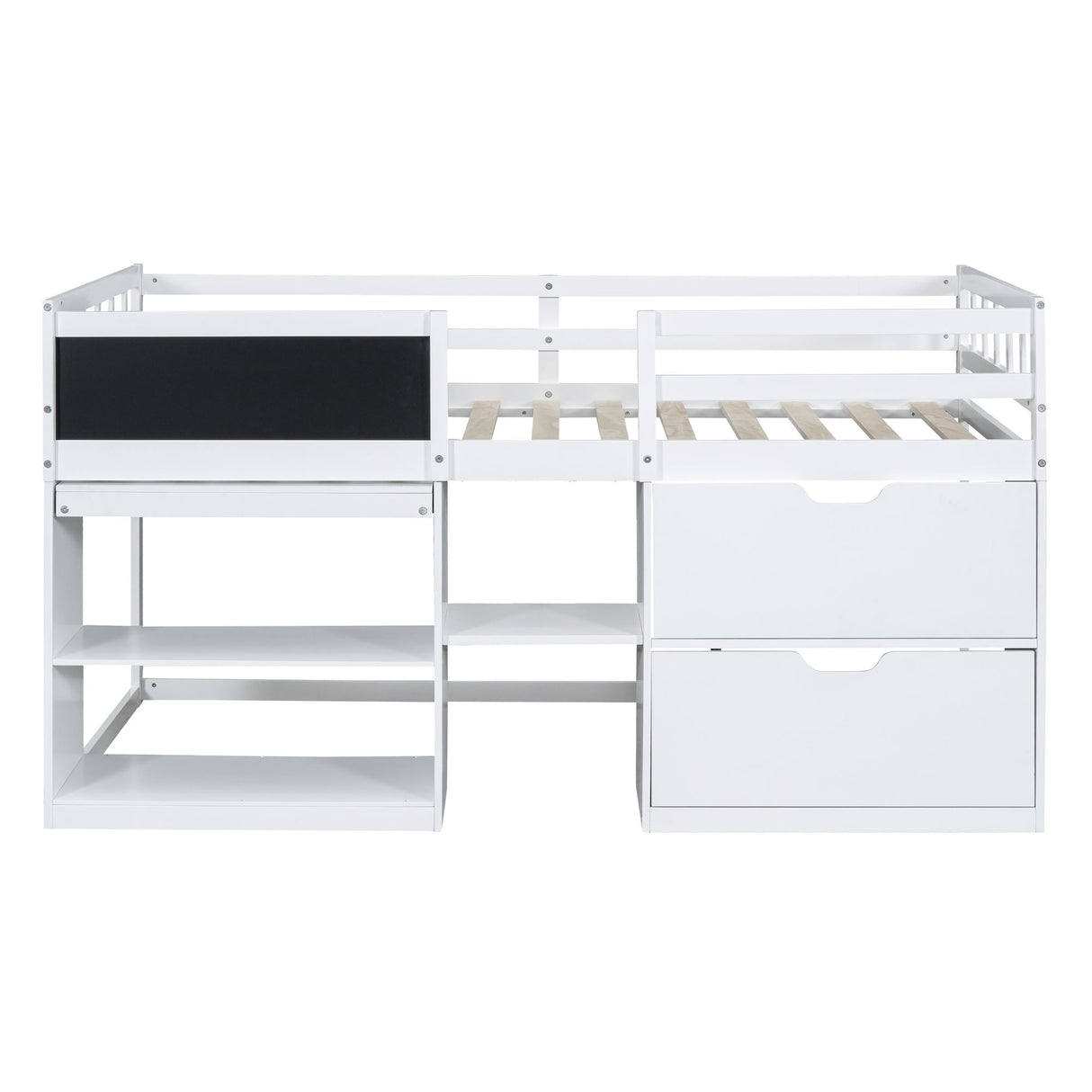 Low Loft Bed With Rolling Desk, Shelf And Drawers