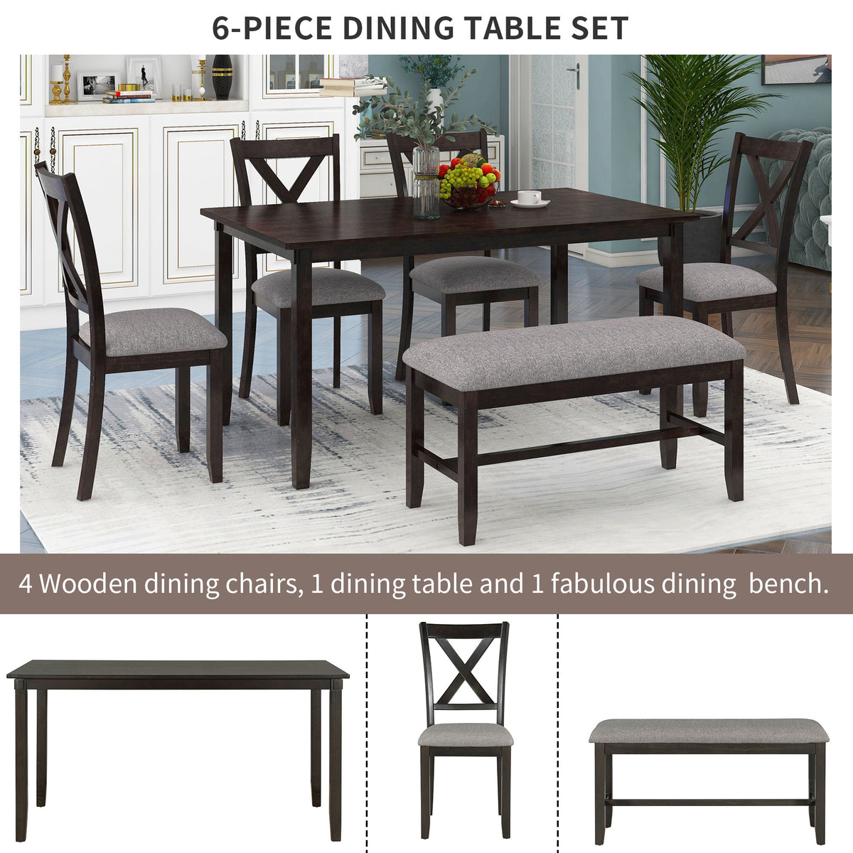 6 Piece Rectangular Dining Table Set With 4 Chairs And Bench