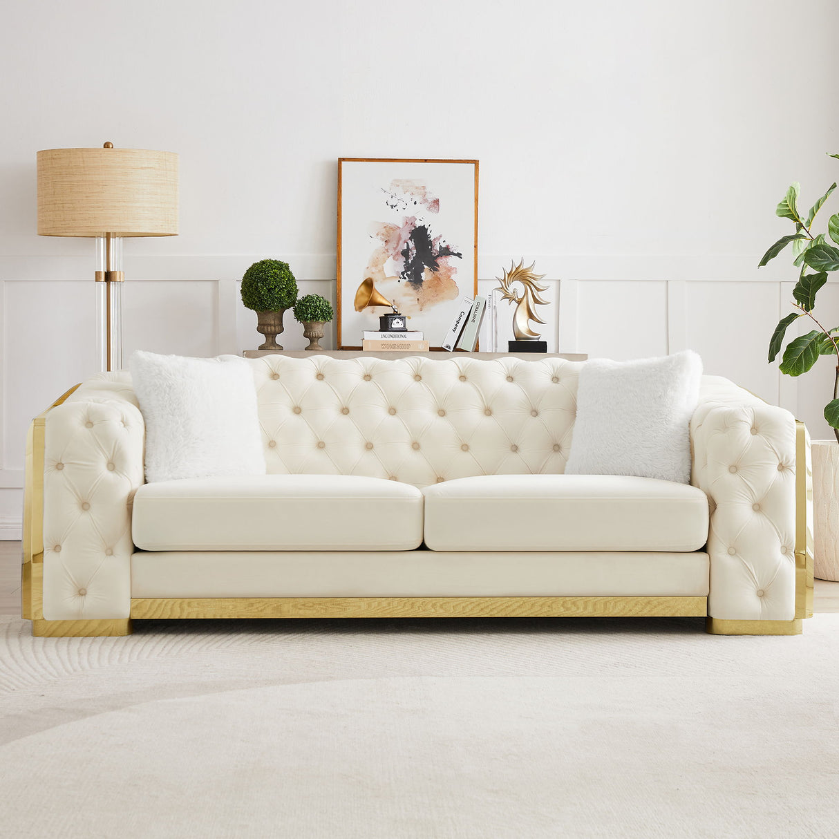 2 Seater Sofa With Button Tufted Diamond Grid & 2 Pillows For Living Room