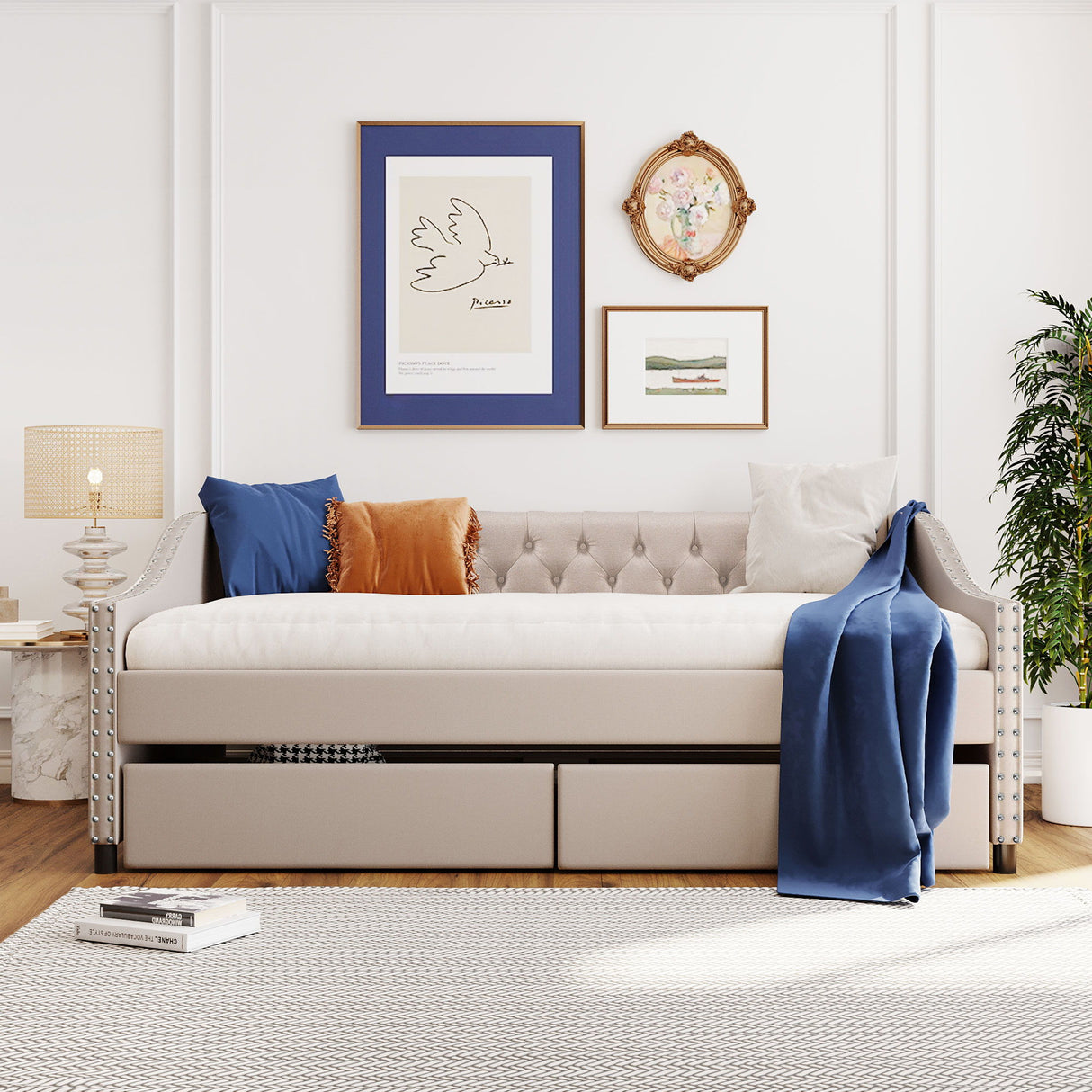 Upholstered Daybed With Two Drawers, Wood Slat Support
