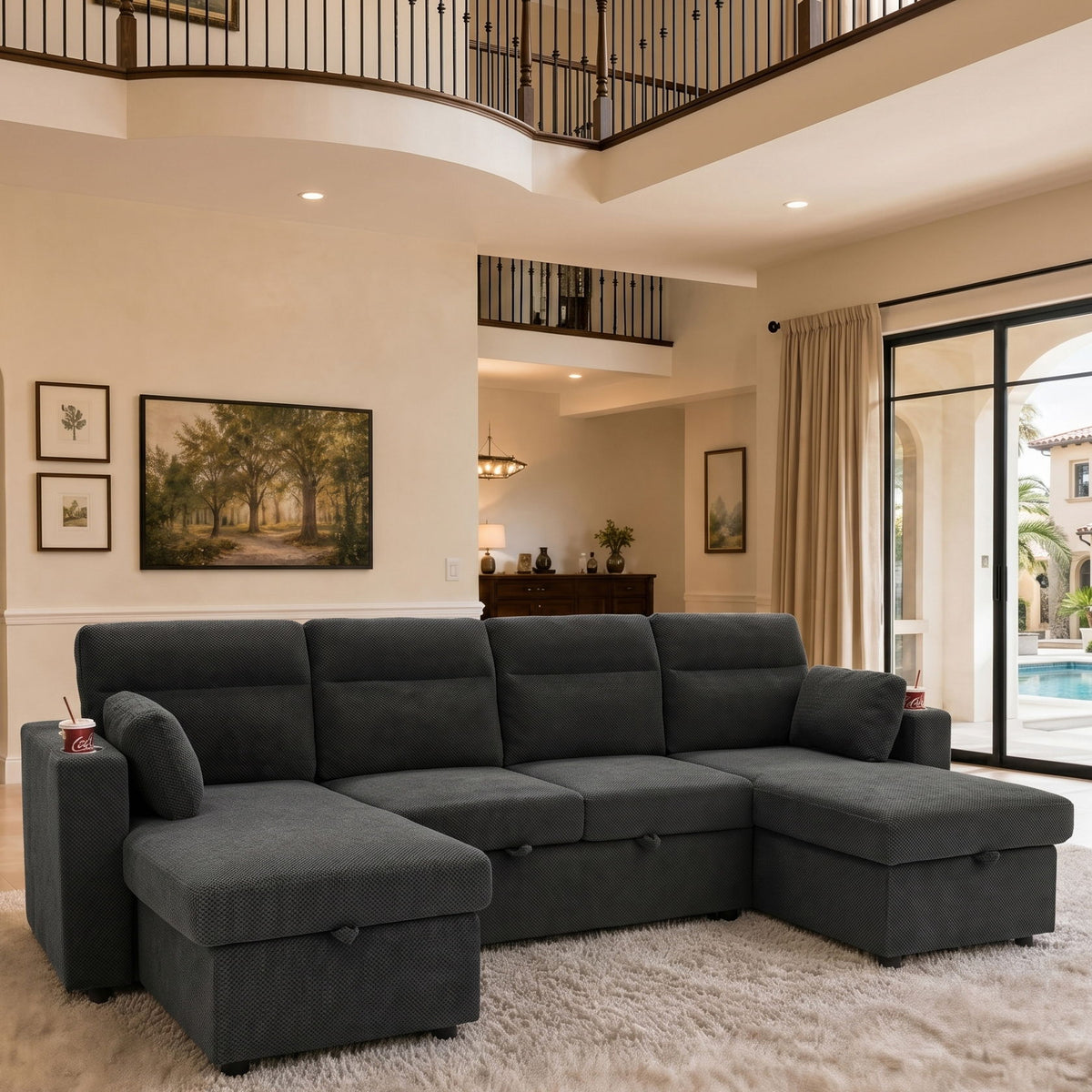 Convertible Sectional Sofa With Storage Chaise, Cup Holders And Pull Out Sleeper