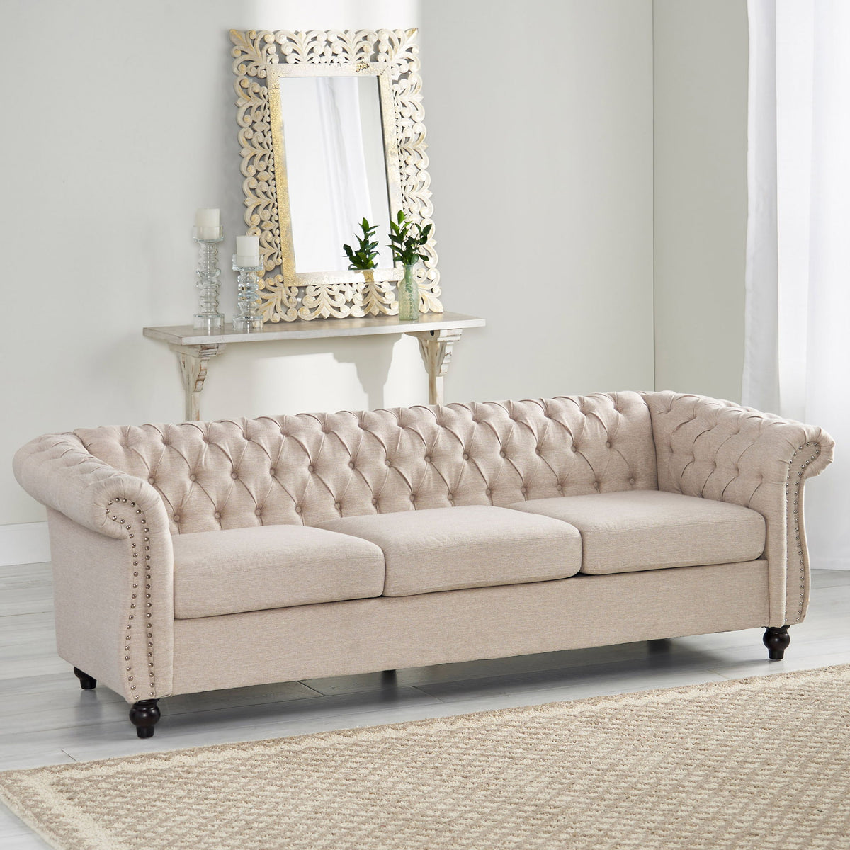 Chesterfield Style 3 Seater Sofa With Deep Button Tufting - Beige