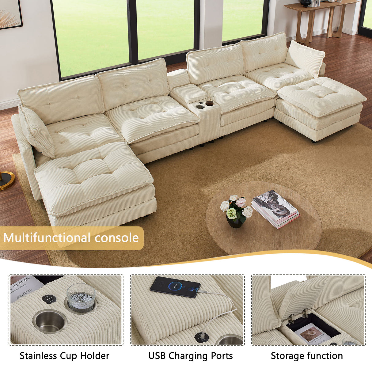 Oversized Modular Sectional Sofa With Multi Functional Console