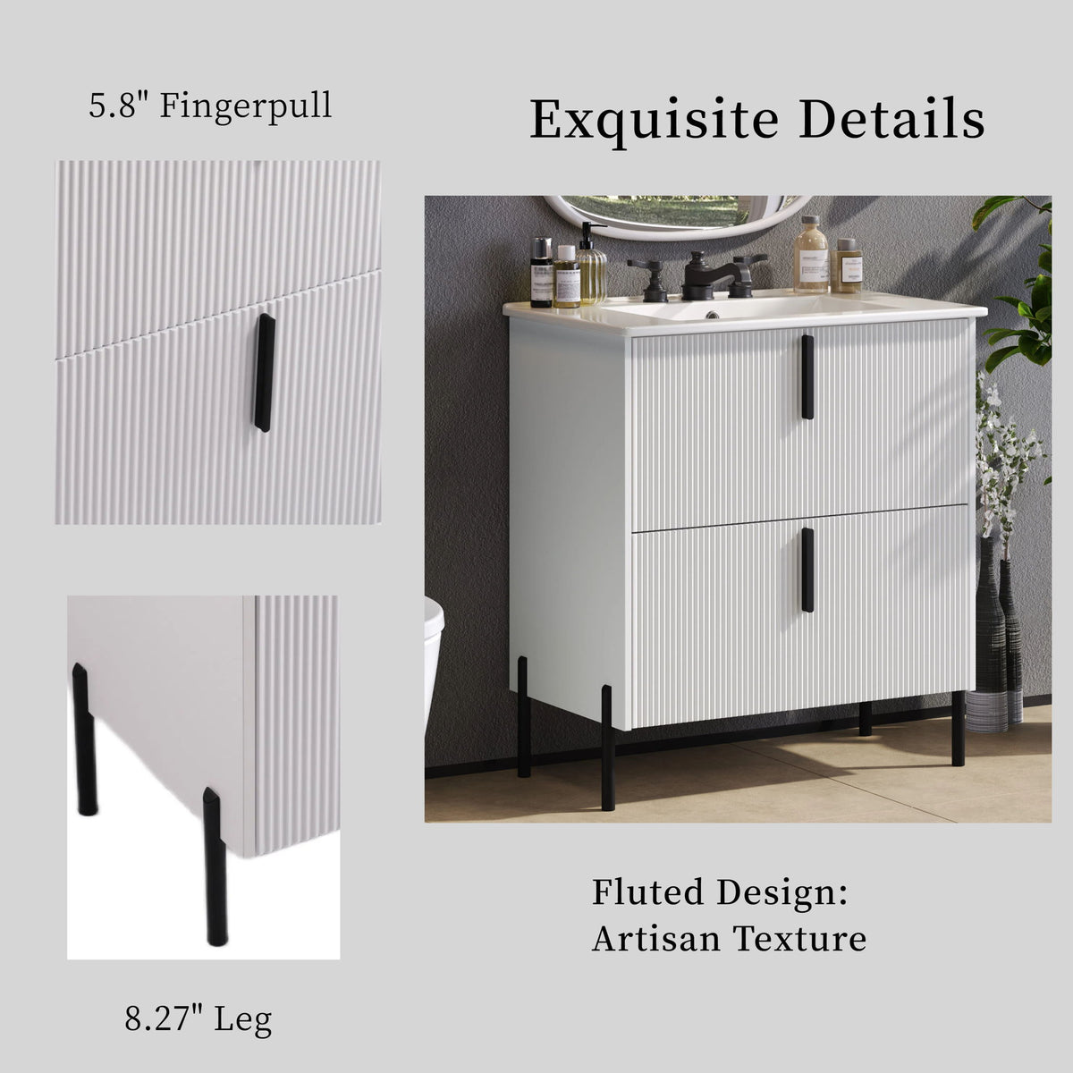 Bathroom Vanity With Ceramic Sink, Fluted Design