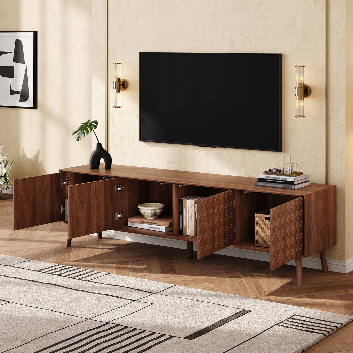 70" TV Stand For TVs Up To 80", Soft Closing Hinges And Cable Management - Walnut