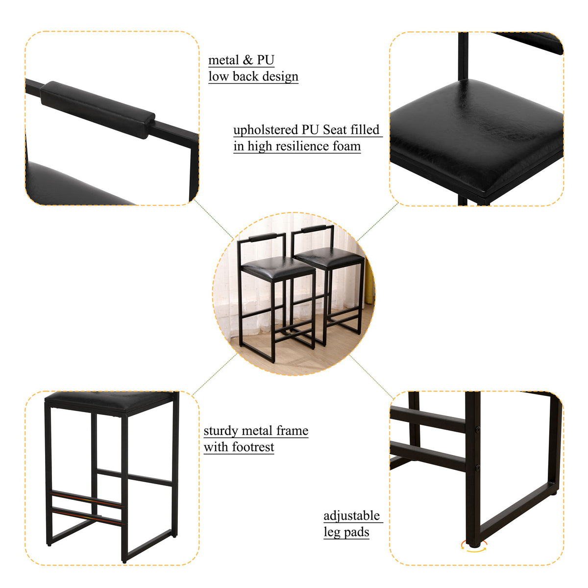 Elegant Bar Stool Set With Backrest And Footrest, Counter Height (Set of 2)