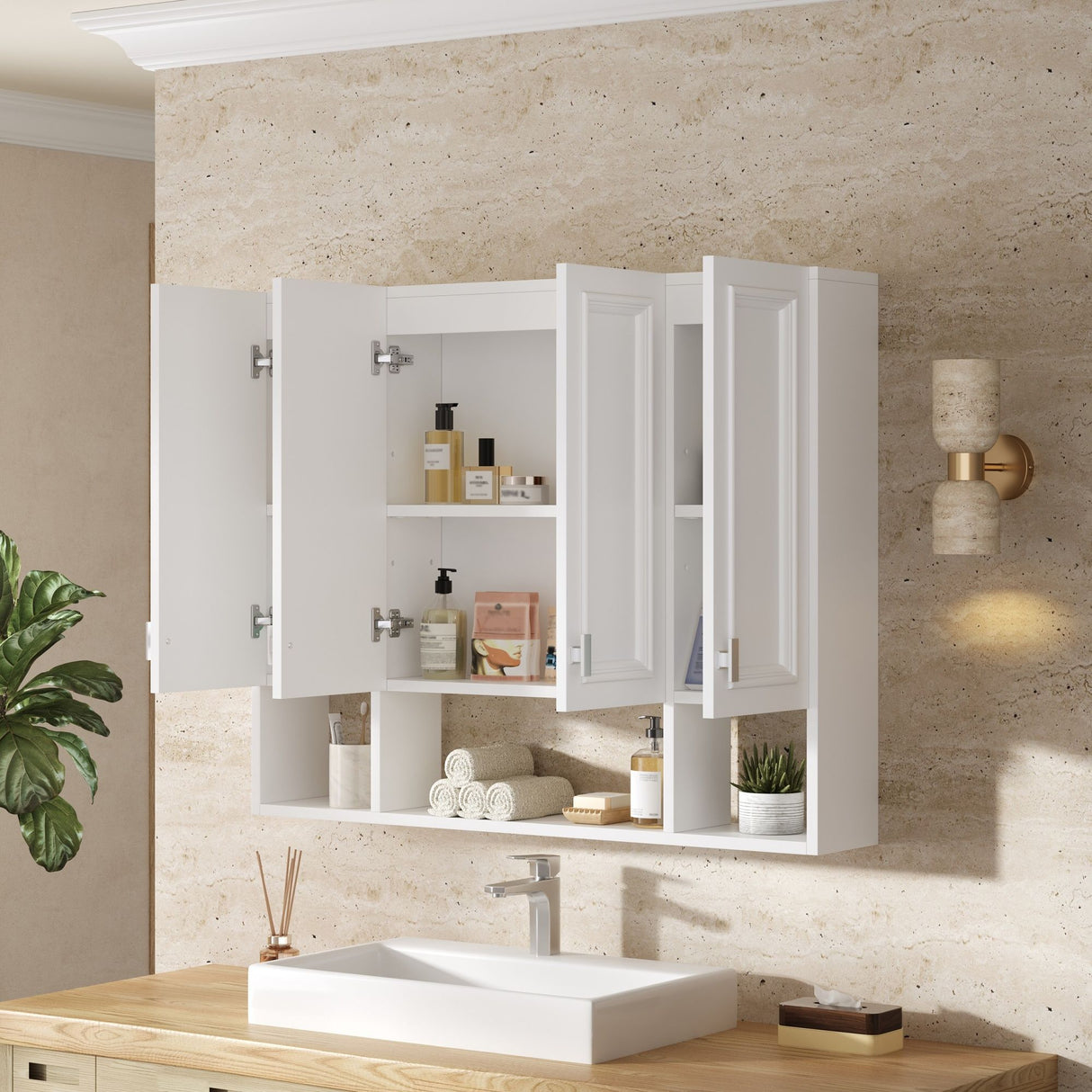 Bathroom Cabinet With 3 Adjustable Shelves Wall Mounted Medicine Cabinet, Soft Closing Hinges, Open Shelving Design - White