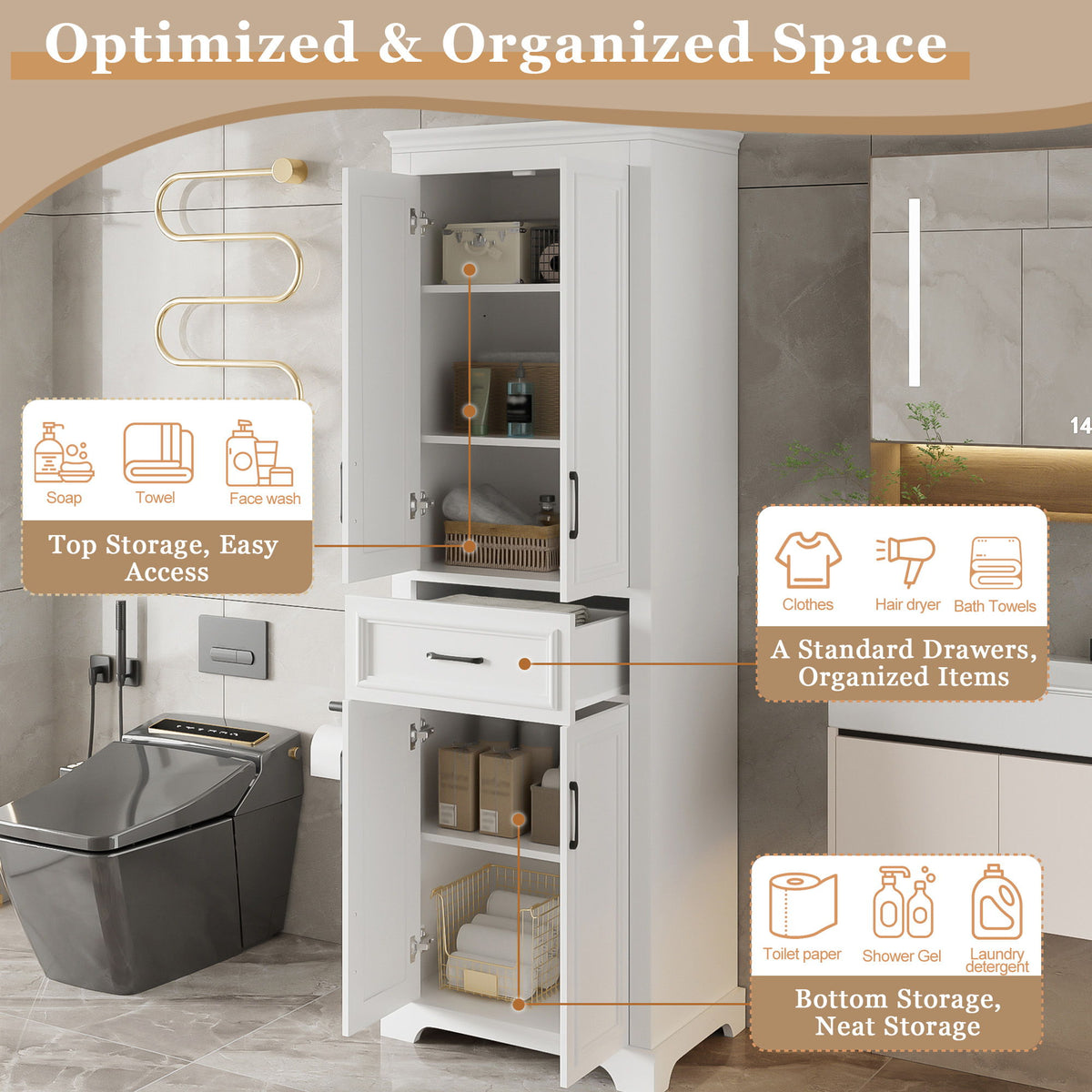 Freestanding Bathroom Vanity, Elegant Design With 4 Doors & 1 Drawer, Adjustable Shelves, Damping Hinges - White