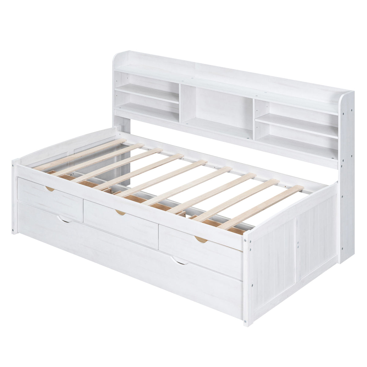 Captain Bed With Built In Bookshelves, 3 Storage Drawers, And Trundle