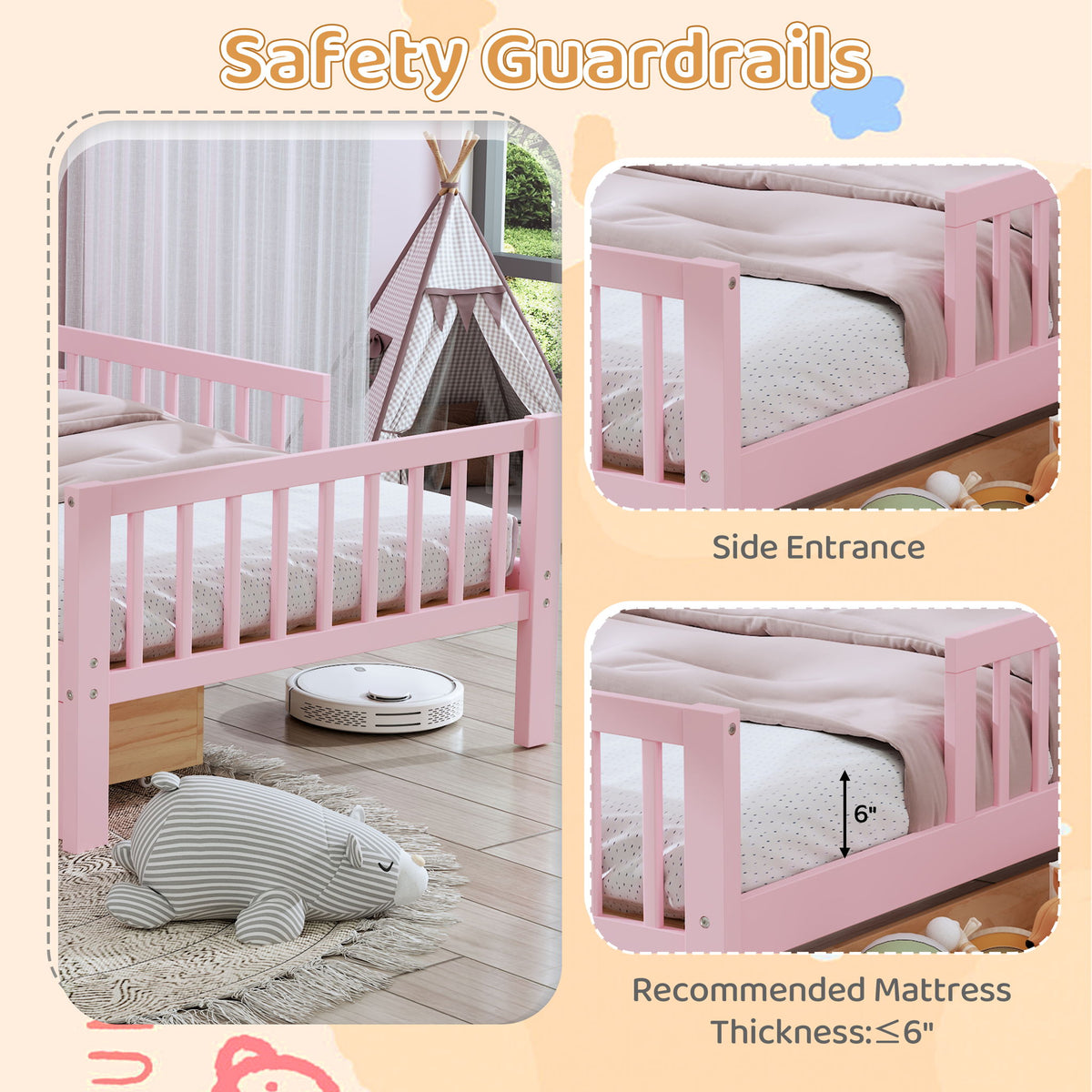 Bed With Headboard Storage Rack, 2 Under Bed Drawers, 3 Side Guardrails For Safety
