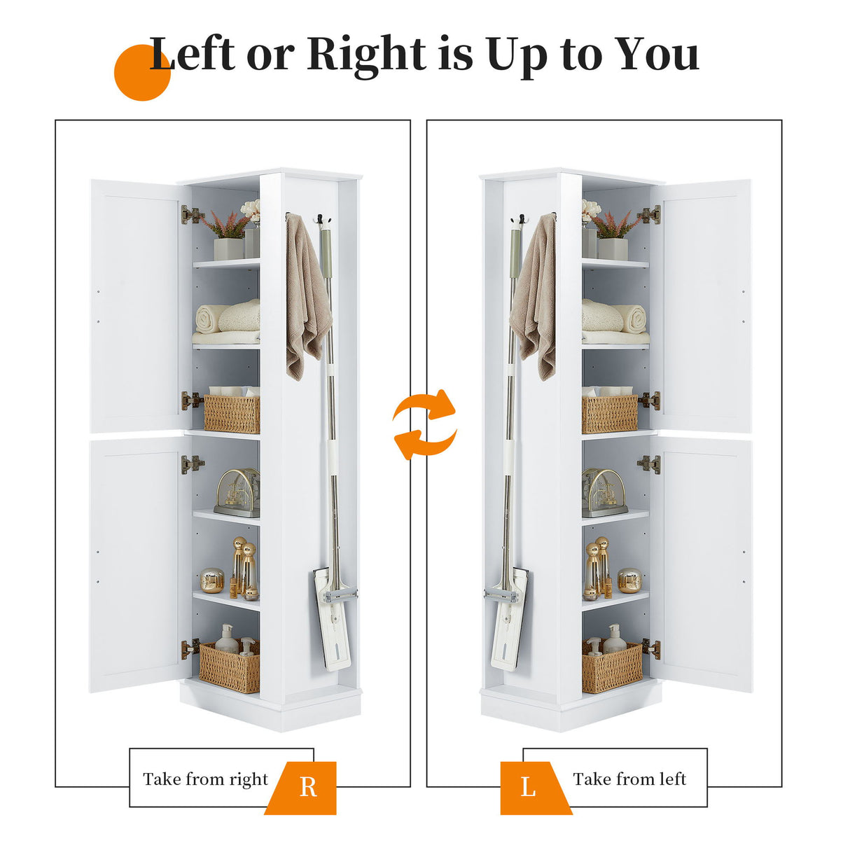 Tall Freestanding Bathroom Storage Cabinet With Adjustable Shelves And Side Hooks
