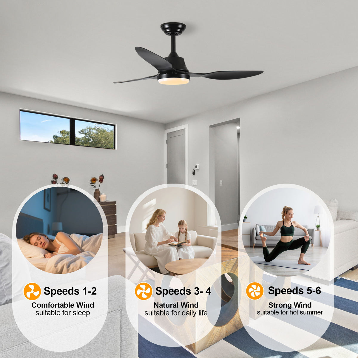 Ceiling Fan With Light, 3 Blades, Remote Control, 6 Speed Reversible DC Motor For Living Room - Black
