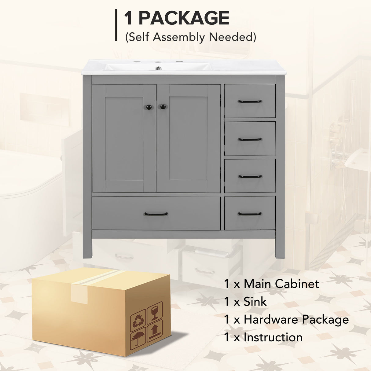 Bathroom Vanity With Ceramic Sink Combo, Abundant Storage Cabinet 2 Soft Close Doors And 5 Drawers