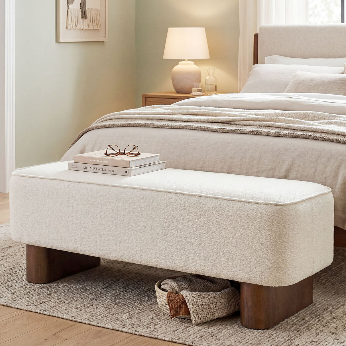 Upholstered Ottoman Bench With Thick Padded Design - Beige