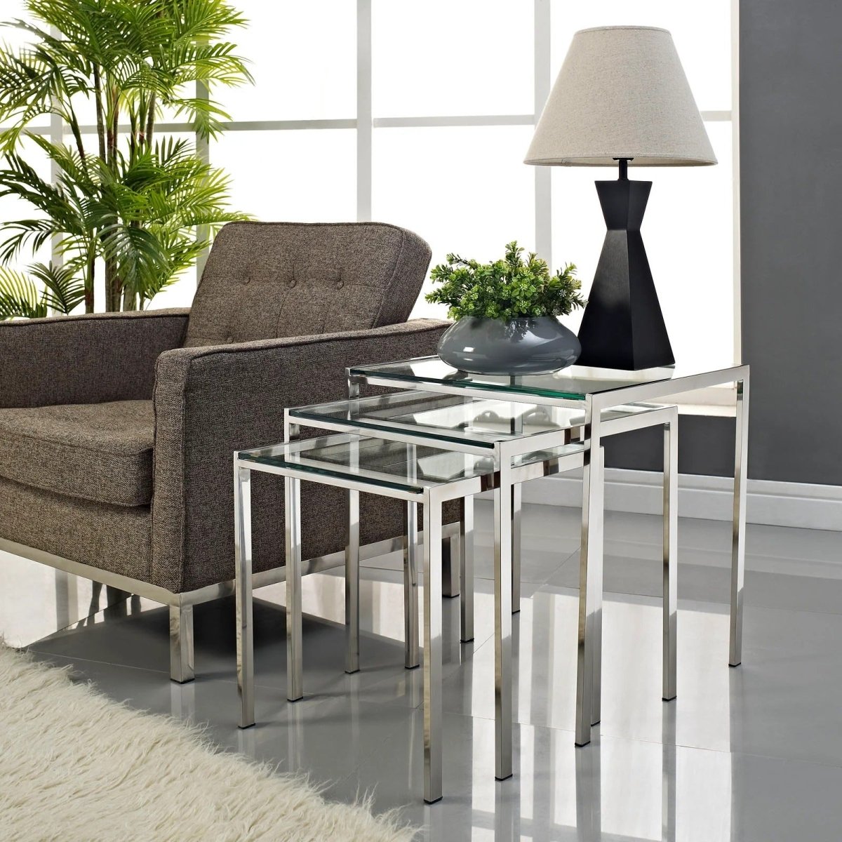 3 Piece Glass Nesting Tables with Metal Frame β Silver - End & Side Tables available at Alpine Outlets in Denver