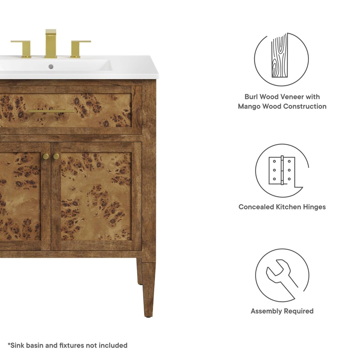 30" Brown Wood Bathroom Vanity Cabinet (Sink Basin Not Included) - Bathroom Fixtures - Alpine Outlets