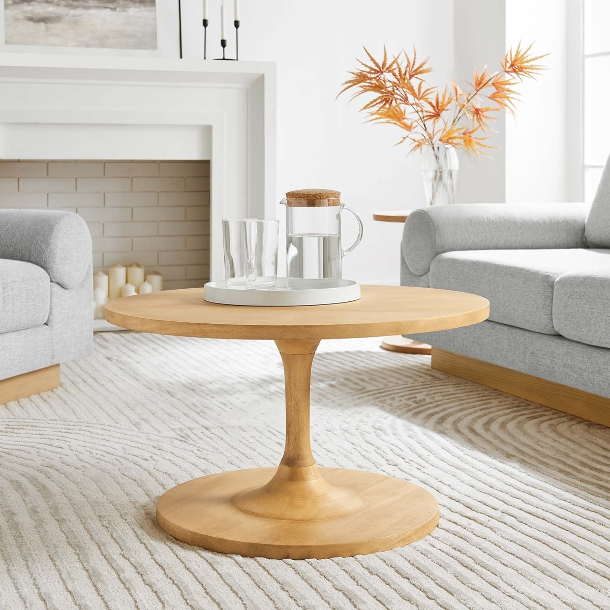 30 Inch Round Solid Mango Wood Pedestal Coffee Table in Oak - Coffee Tables available at Alpine Outlets in Denver