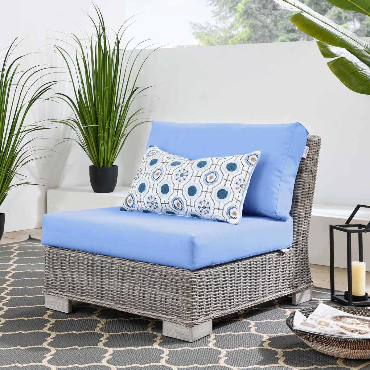 30" Light Gray Light Blue Wicker Outdoor Armless Chair - Outdoor - Alpine Outlets