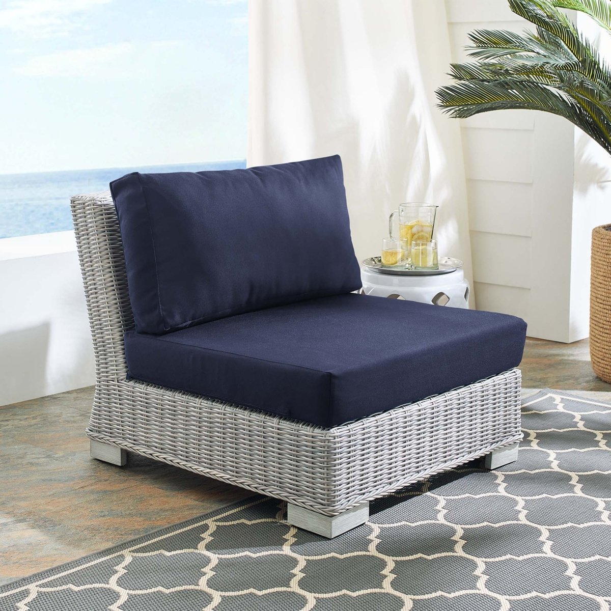 30" Light Gray Navy Wicker Armless Outdoor Chair with Sunbrella Cushions - Outdoor - Alpine Outlets