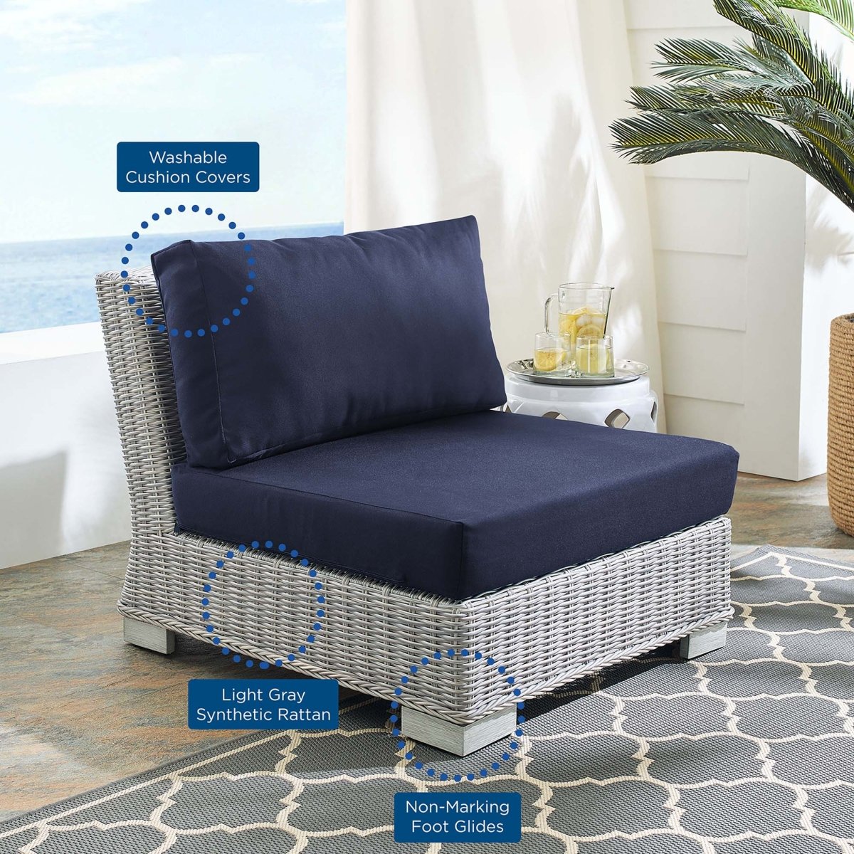 30" Light Gray Navy Wicker Armless Outdoor Chair with Sunbrella Cushions - Outdoor - Alpine Outlets