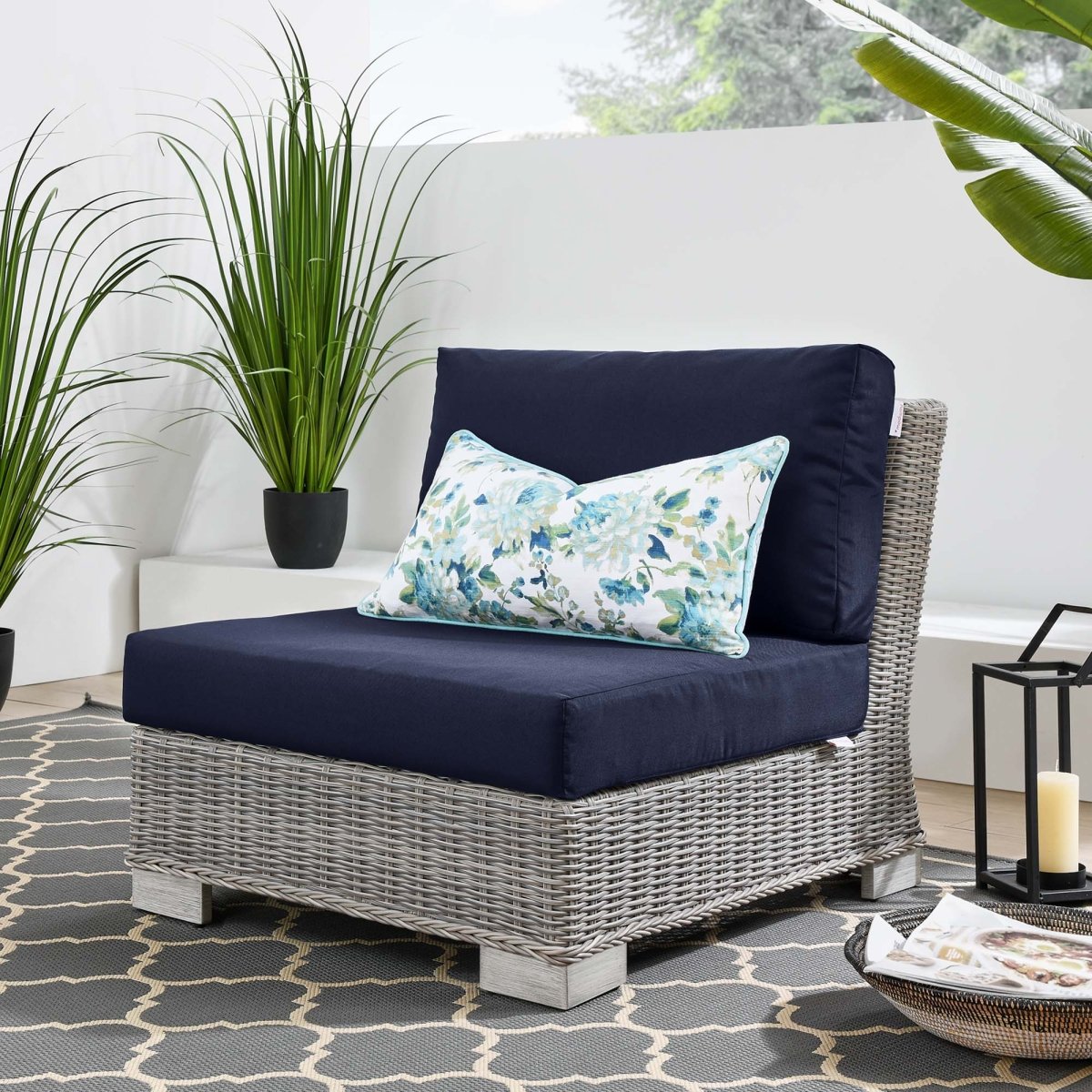 30" Light Gray Navy Wicker Outdoor Armless Chair - Outdoor - Alpine Outlets