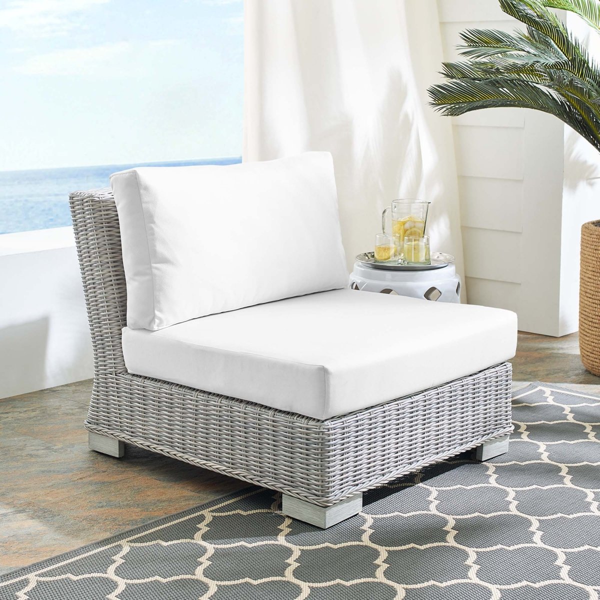 30" Light Gray White Wicker Armless Outdoor Chair with Sunbrella Cushions - Outdoor - Alpine Outlets