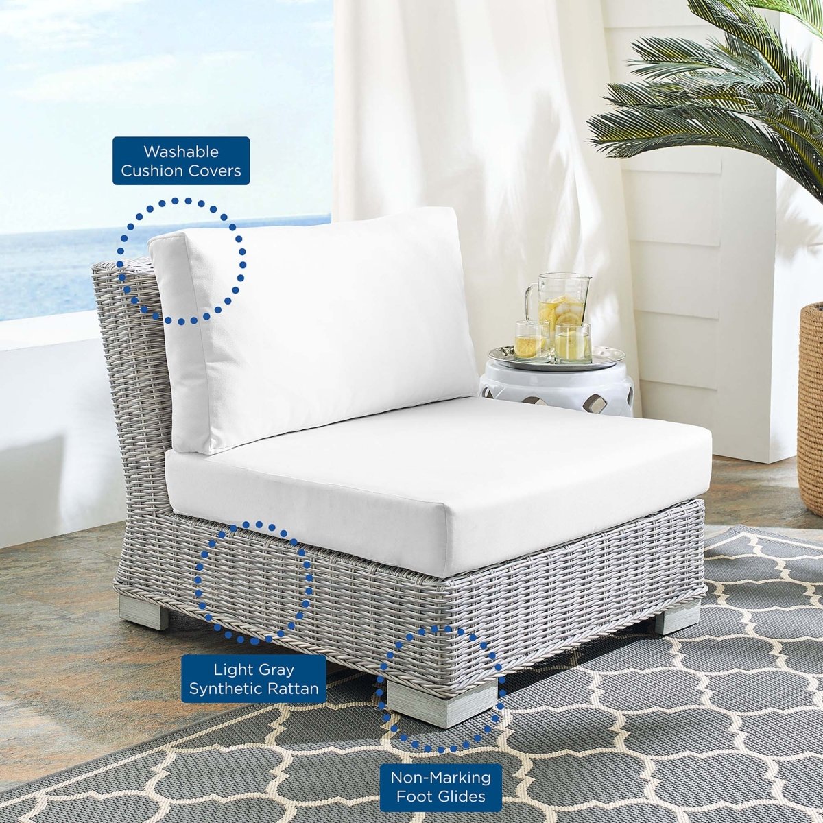 30" Light Gray White Wicker Armless Outdoor Chair with Sunbrella Cushions - Outdoor - Alpine Outlets