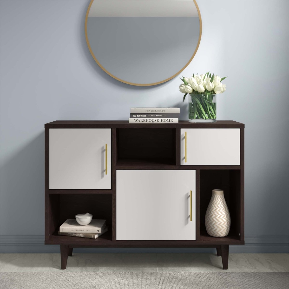 30" Mid - Century Modern Display Stand and Storage Cabinet in Cappuccino White - Bookcases available at Alpine Outlets in Denver