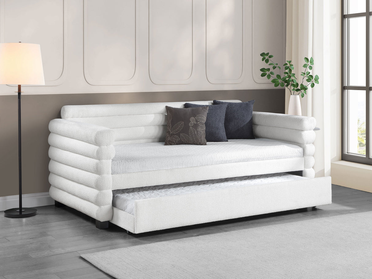 Patricia Boucle Upholstered Twin Day Bed with Trundle - White