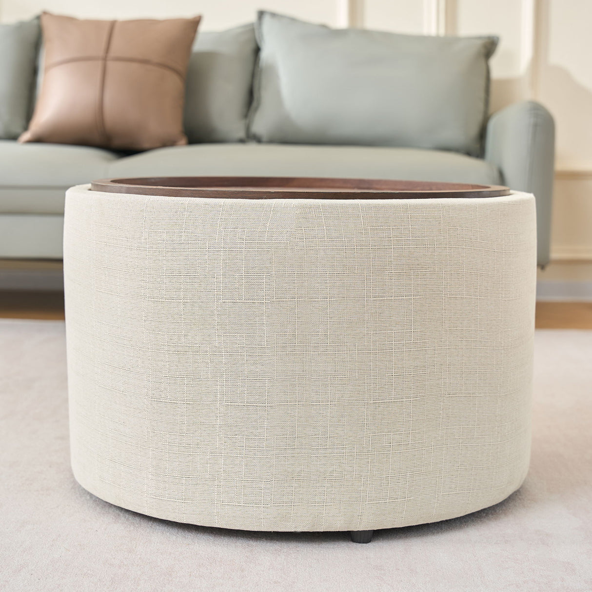Nesting Ottomans, Round Coffee Table & Bench With Tray (Set of 2)