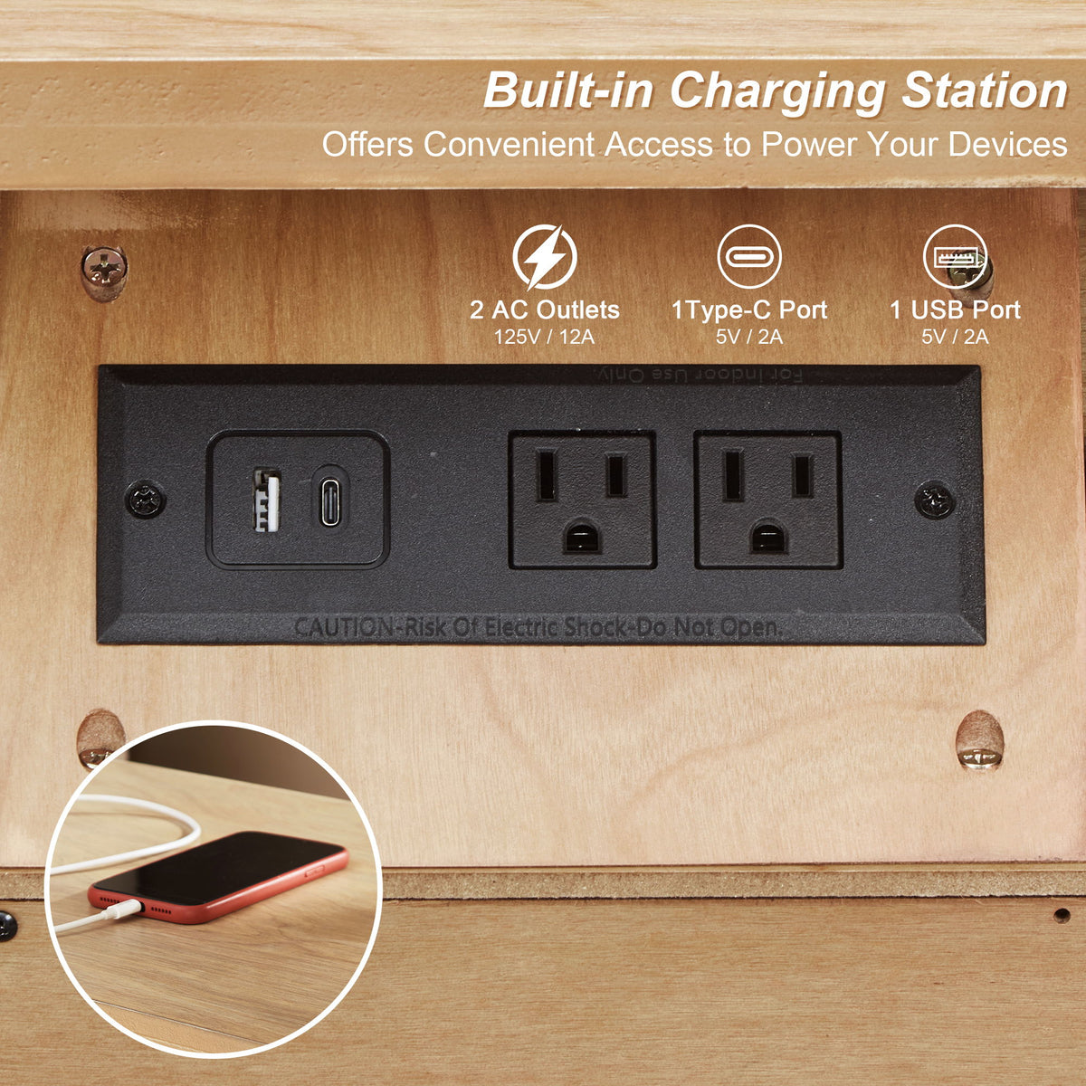 3 Drawer Nightstand With Charging Station, Bedside Table With USB & Type C Port And 2 AC Outlets