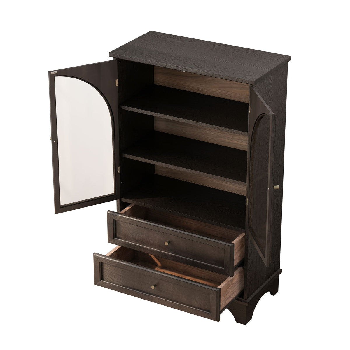 Glass Door Display Case With 2 Drawers And Adjustable Shelf