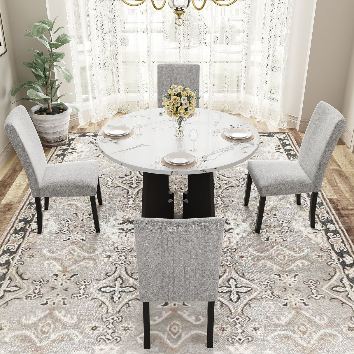 5 Piece Round Dining Table Set, Dining Table And 4 Upholstered Chairs For Dining Room, Kitchen Room, Living Room - White / Gray