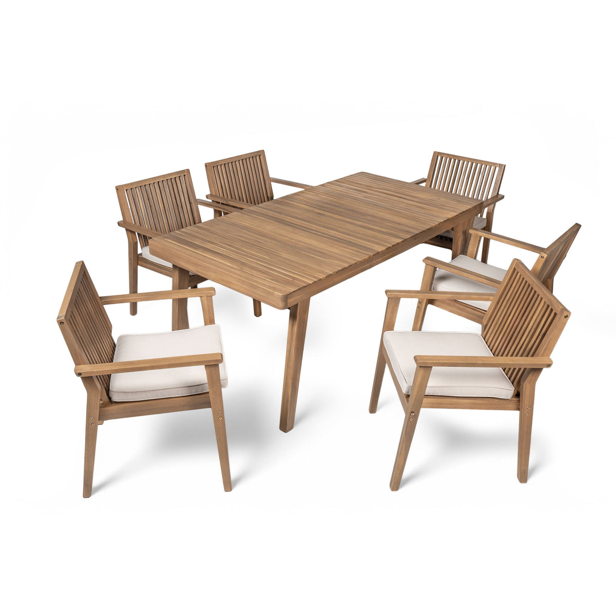 7 Piece Patio Furniture Set Acacia Wood Table And 6 Heavy Duty Cushioned Chairs
