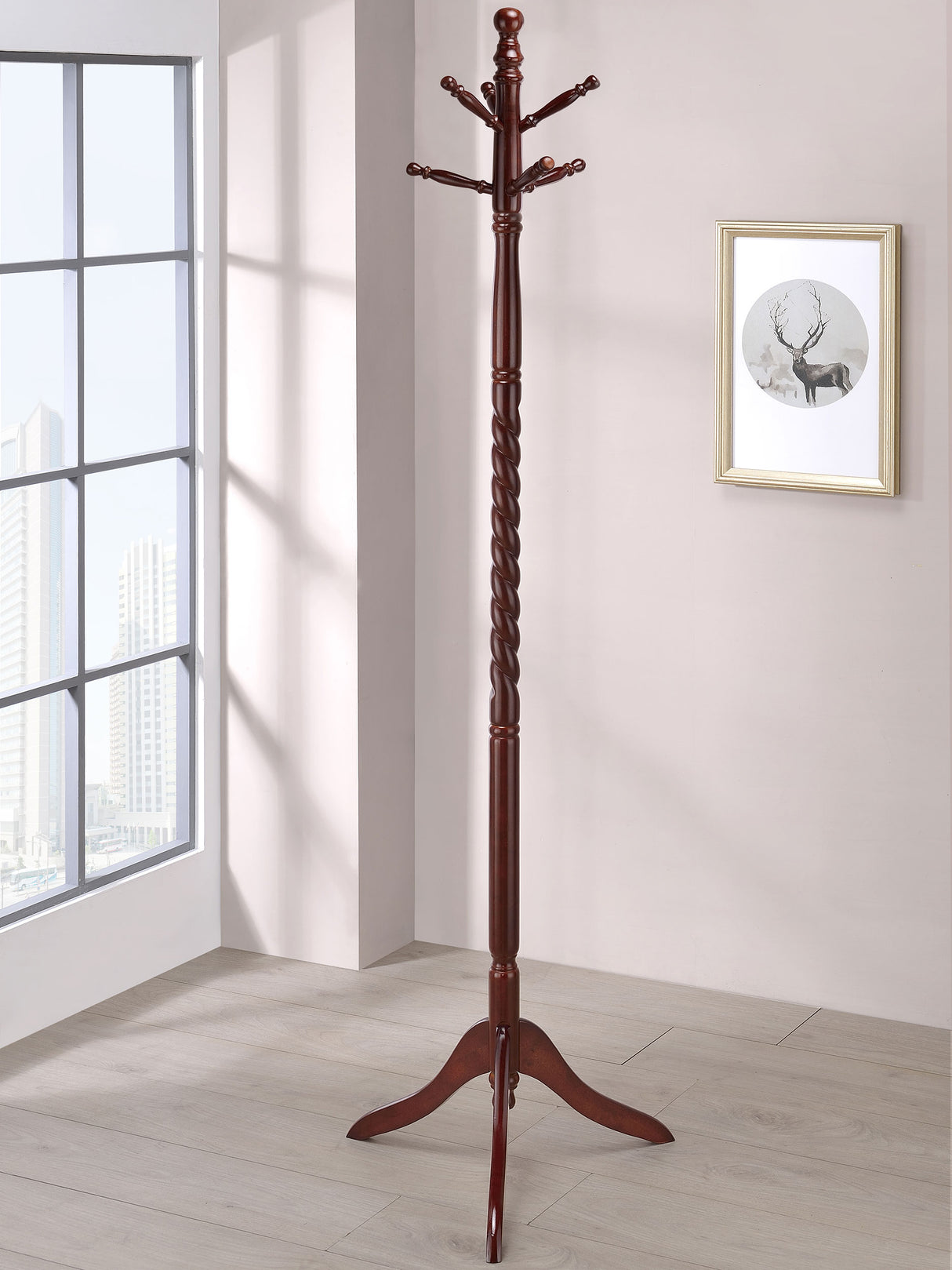 Riona 6 Hook Freestanding Wood Coat Rack, Merlot