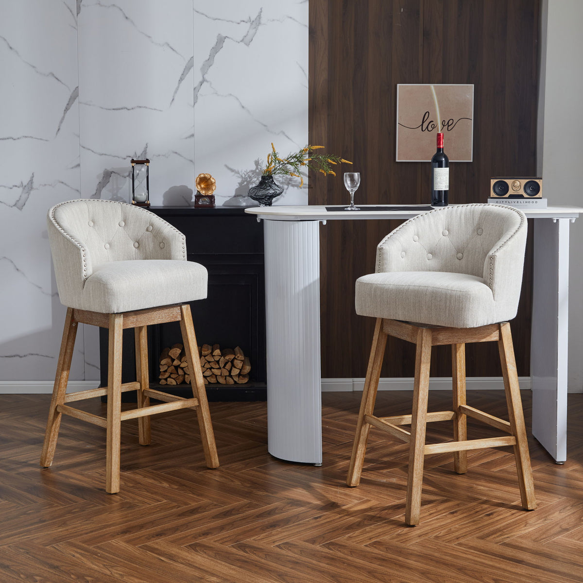 Swivel Counter Stools (Set of 2), Upholstered Counter Height Bar Stools With Solid Rubber Wood Frame, Backrest, Footrest, Armless Barstools For Home Bar, Kitchen Counter - Natural / Beige